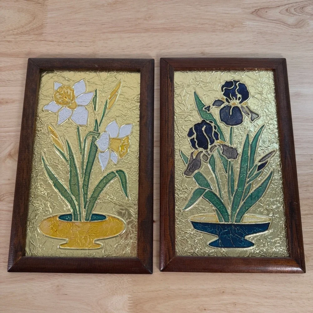 VTG Handmade Floral Gold Tone Framed Hanging Wall Art Foil Picture - Lot of 2